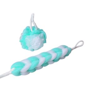 Exfoliating Bath Sponge Mesh Shower Balls & Back Scrubber Strap Green and White Body Bath Set