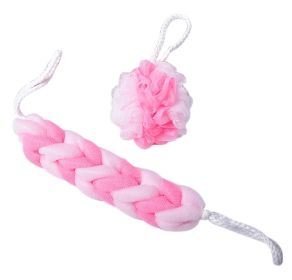 Exfoliating Bath Sponge Mesh Shower Balls & Back Scrubber Strap Pink Body Bath Set