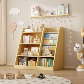 Wooden Toy Storage Organizer Cabinet Natural/ Wood Kids Bookshelf Children Bookcase Toddler Baby Sling Book Rack Adjustable Shelf for Playroom Bedroom